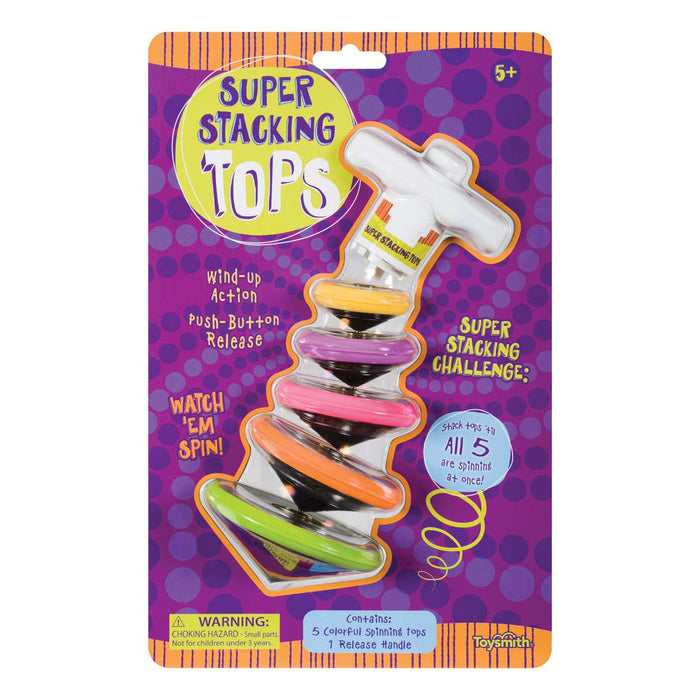 Toysmith Super Stacking Tops by Toysmith includes five multicolored stackable spinning tops in a clear blister pack. The purple package features yellow, white, and pink graphics and is designed for ages 5 and up.