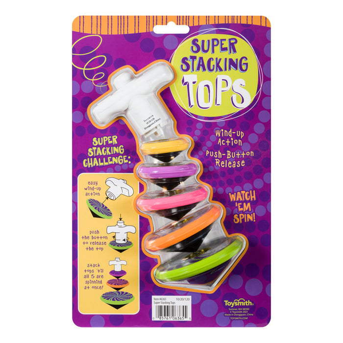 Toysmith Super Stacking Tops by Toysmith includes five stackable spinning tops in black, orange, pink, yellow, and green. Packaged with instructions, the set is displayed on a purple background with product info and illustrations.