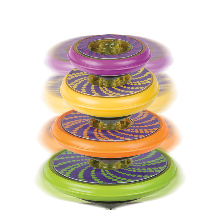 The Toysmith Super Stacking Tops by Toysmith features three stackable spinning tops in purple, orange, and green with colorful dot and swirl patterns, shown spinning and stacked vertically for a dynamic blurred motion effect.