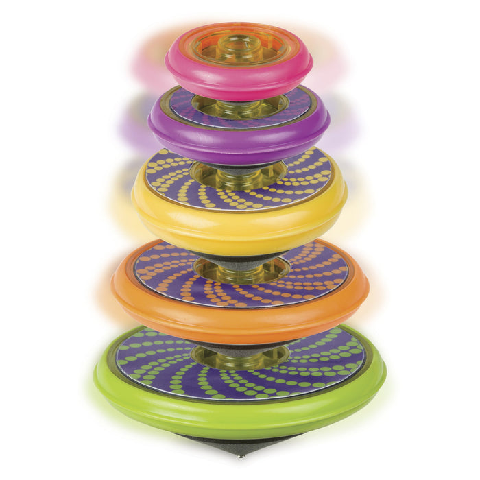 The Toysmith Super Stacking Tops by Toysmith features colorful, patterned discs stacked from a large green base to a small pink top, creating a vibrant tower that resembles spinning tops.