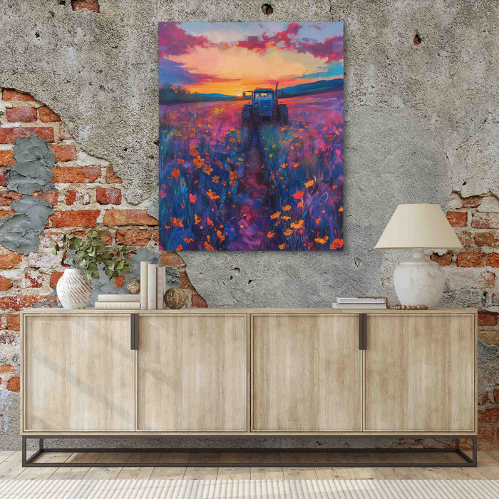 Tractor Sunset - Purple Canvas Wall Art