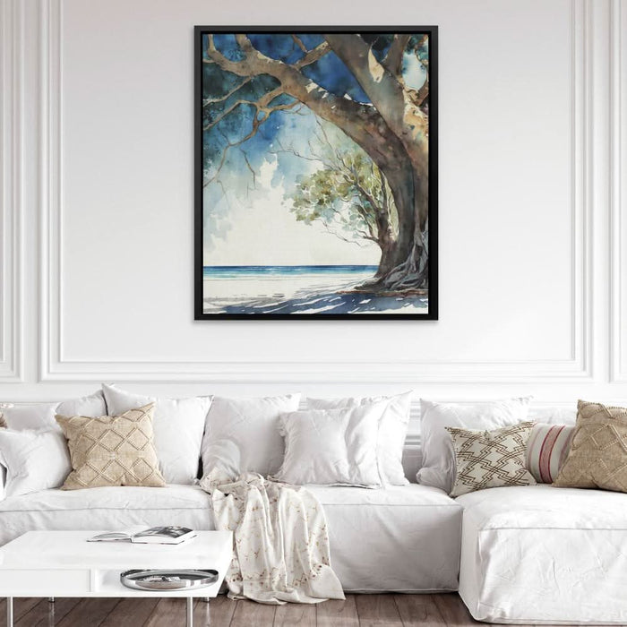 Tree by the Ocean - Modern Wall Art in Black Frame