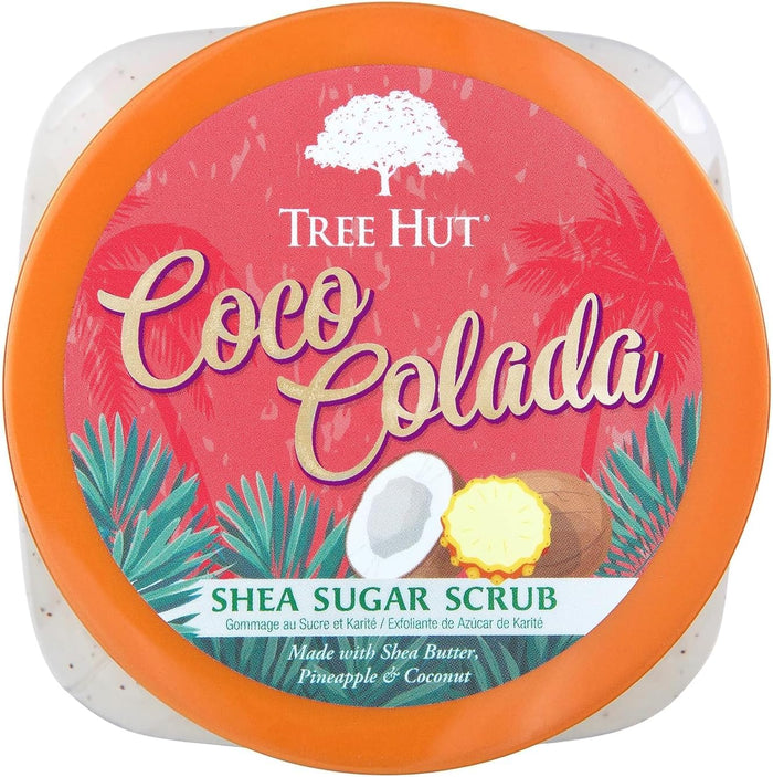 top view of Tree Hut Coco Colada Shea Sugar Scrub 18oz displaying the design on the lid on a clean white background