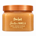 front view of Tree Hut Golden Vanilla Shea Sugar Scrub 18oz showcasing a clear tub with a orange lid against a clean white background