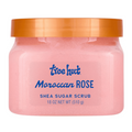 front view of Tree Hut Moroccan Rose Shea Sugar Scrub 18oz in the newest retail packaging, in a clear tub with an orange lid against a clean white background