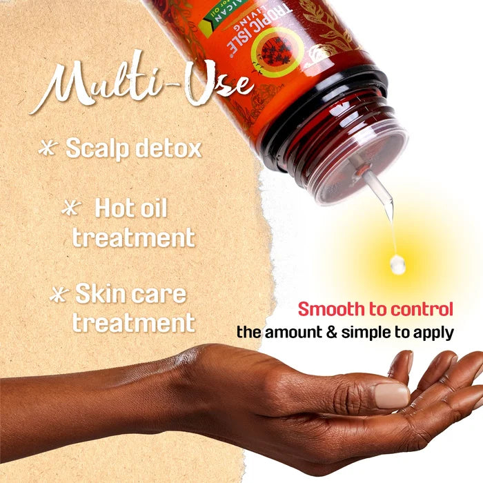 a picture listing the multiple uses of Tropic Isle Living Smooth Natural Oils Luscious Lavender 4oz with bottle pouring onto a black woman hand