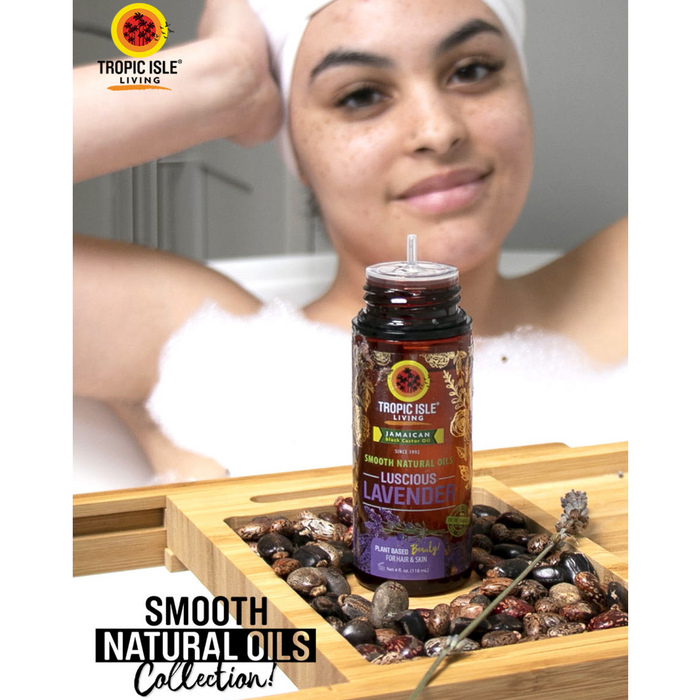 a woman in the bath and a bottle of Tropic Isle Living Smooth Natural Oils Luscious Lavender 4oz on a wooden bath rack