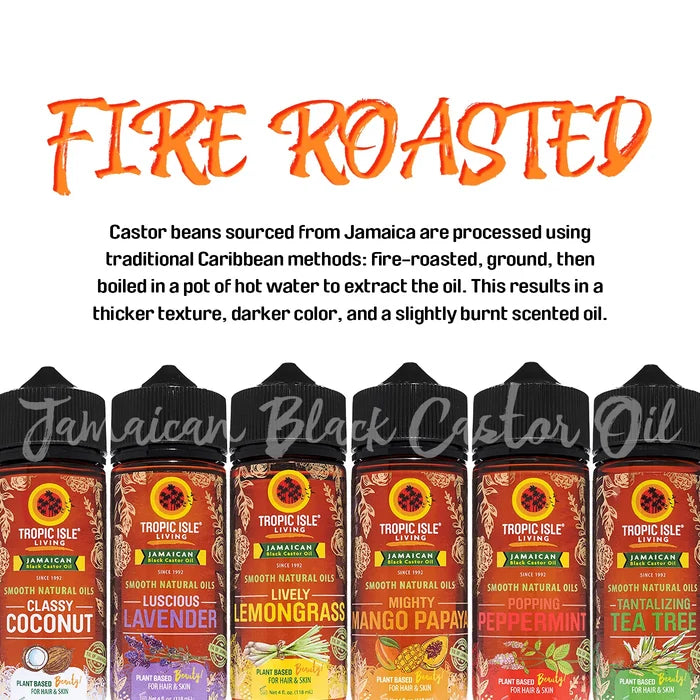 a row of Tropic Isle Living Smooth Natural Oils and a 'fire roasted' claim with a description of the method used to process the castor oil ingredient