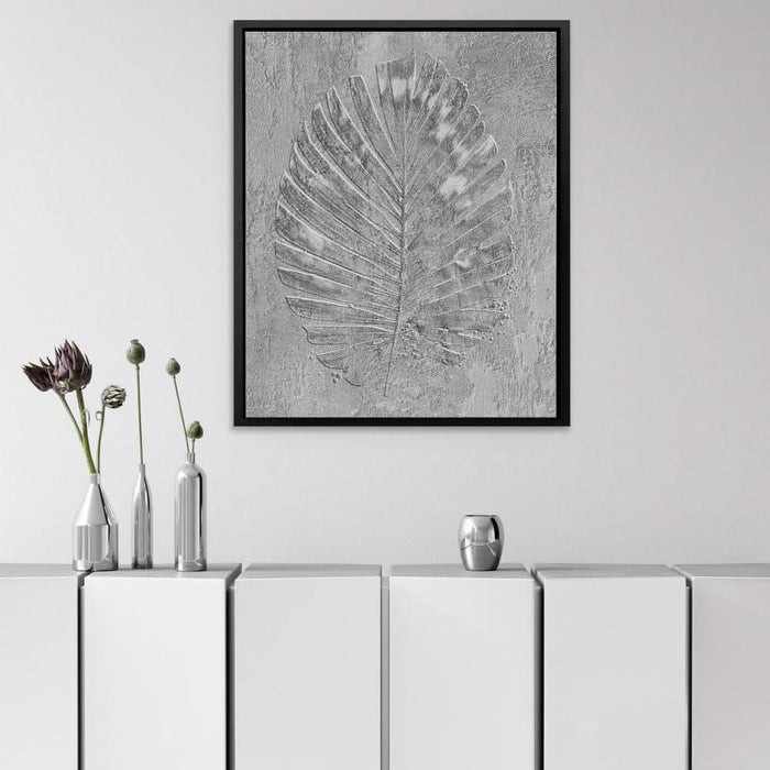 Tropical Leaf Print - Gray Wall Art in Black Frame