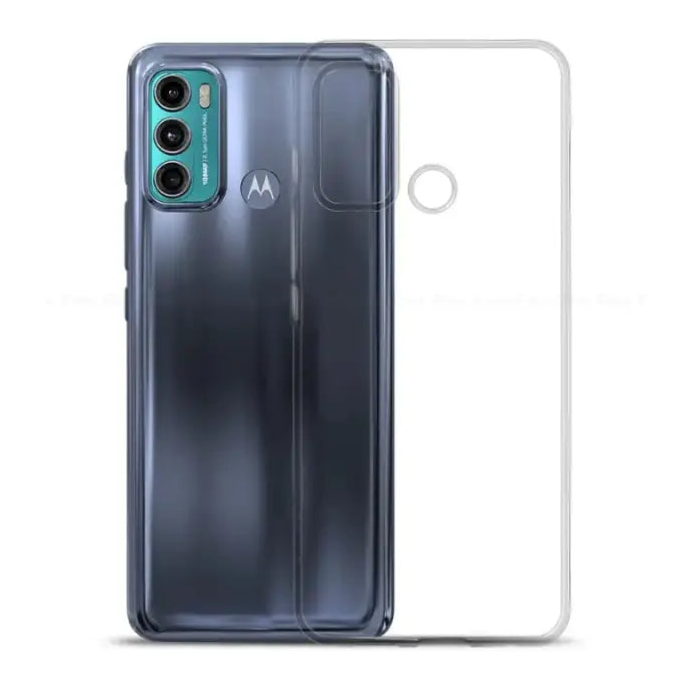 Motorola smartphone with a transparent protective case.