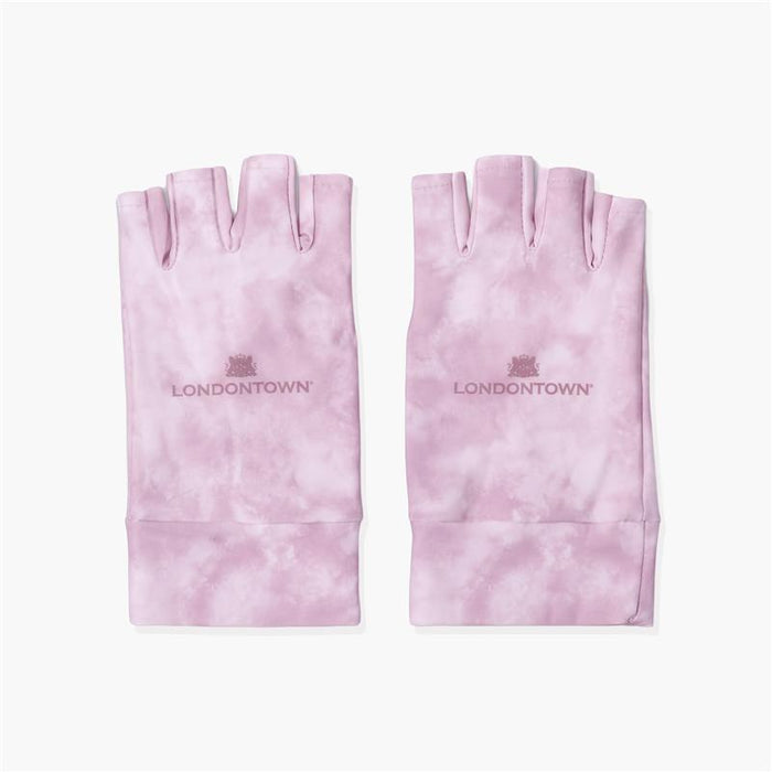 A pair of pink tie-dye UV Gloves by LONDONTOWN, featuring the brand name and logo printed on the back of each glove; these fingerless gloves provide stylish hand protection for everyday wear or can be used as gel padded gloves for added comfort.