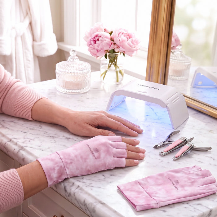 A person wearing LONDONTOWN UV Gloves places their hand under a nail lamp on a marble counter surrounded by nail tools, a jar, and pink flowers.