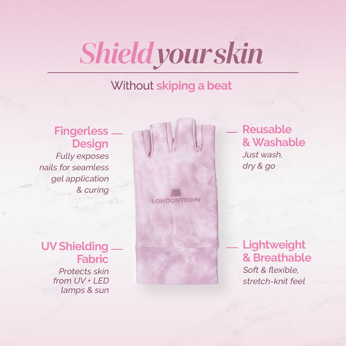 A single pink LONDONTOWN UV Glove featuring a fingerless design, gel padding for comfort, and crafted from lightweight, breathable fabric that is reusable and washable—offering superior hand protection with effective UV shielding.
