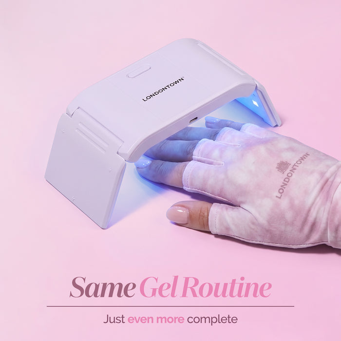A hand wearing LONDONTOWN UV Gloves is positioned under a white LED nail lamp labeled “LONDONTOWN” on a pink background, with text showcasing the gel routine.
