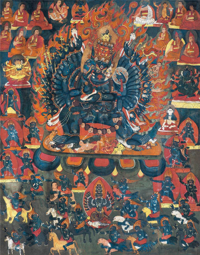 Vajrabhairava / Yamantaka - 13th Century Old Version - Tibetan thangka painting, front view