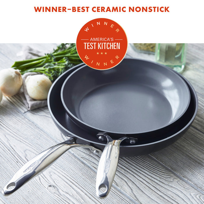 Two ceramic nonstick frypans, 8 and 10, in gray hard anodized aluminum, shown with mixed vegetables inside.
