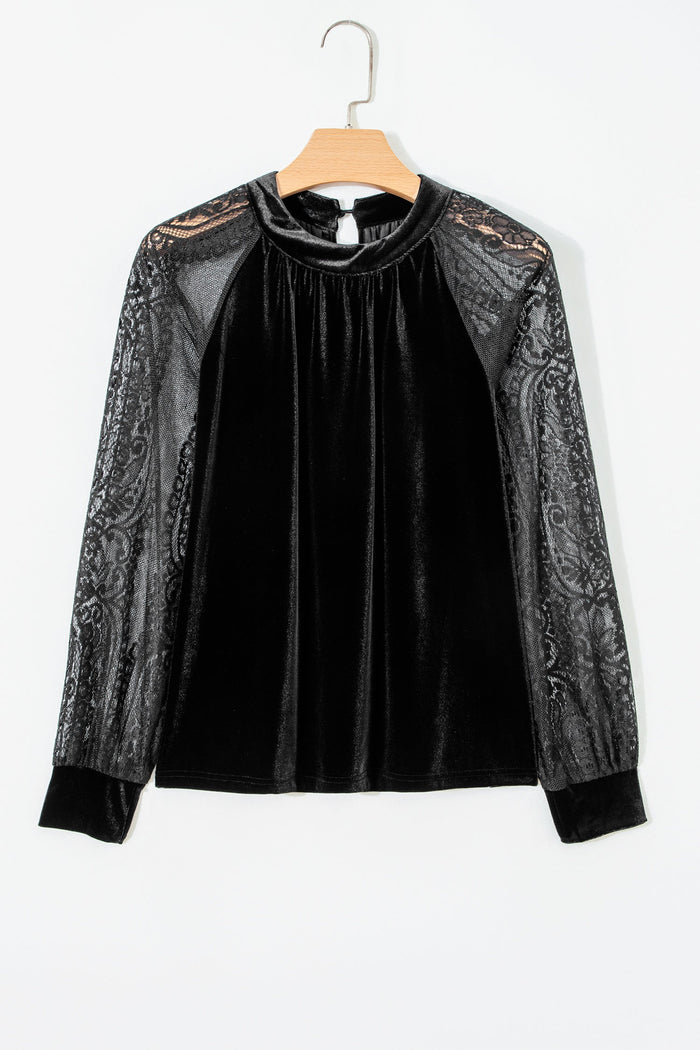 Velvet & Sheer Lace Long Sleeve Blouse