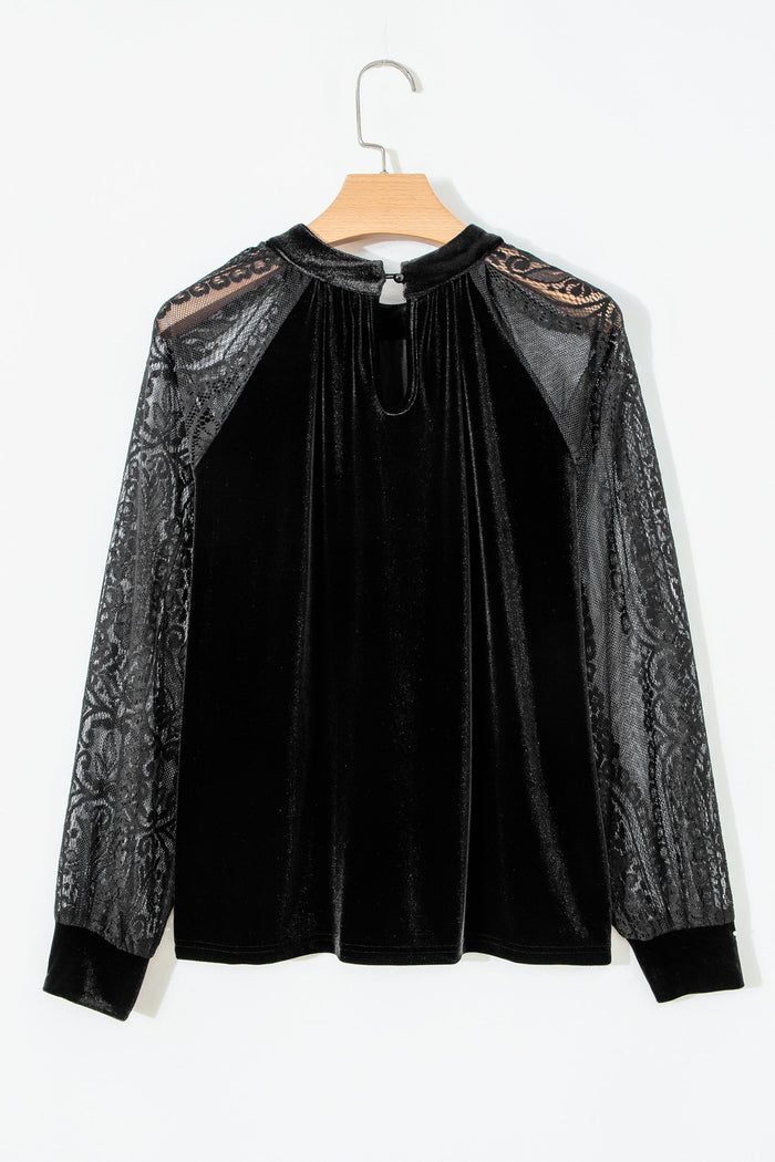 Velvet & Sheer Lace Long Sleeve Blouse