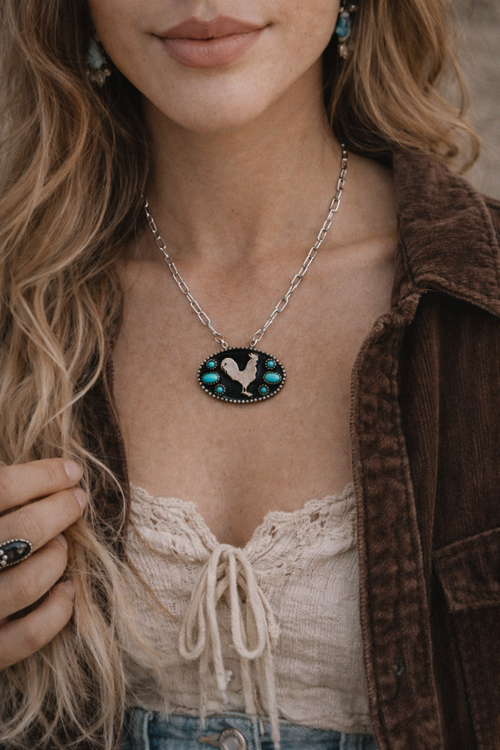 Western Rooster Silhouette Turquoise Stone Necklace