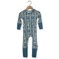 A blue long-sleeved romper with a floral pattern, displayed on a hanger.