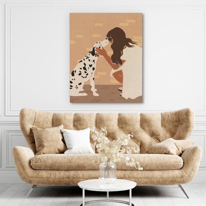 Woman and Dalmatian - Beige Dalmatian Canvas Print