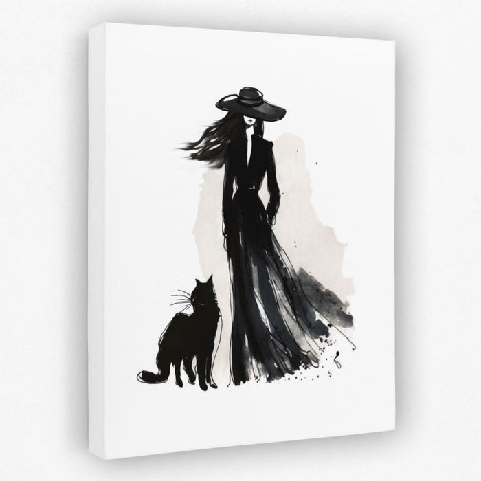 Woman with Cat - Black and White Canvas Wall Art