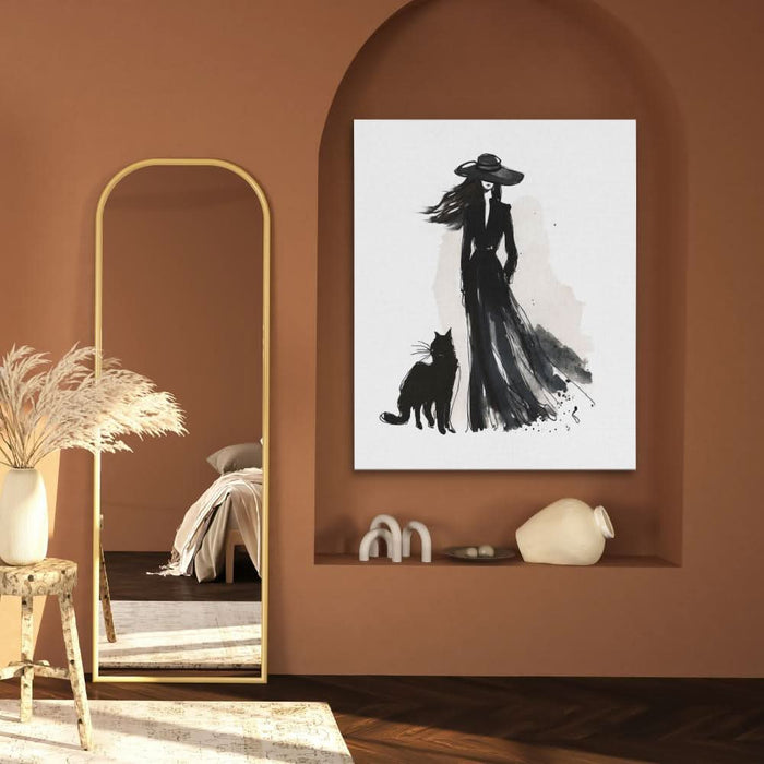 Woman with Cat - Modern Wall Art in Black Frame
