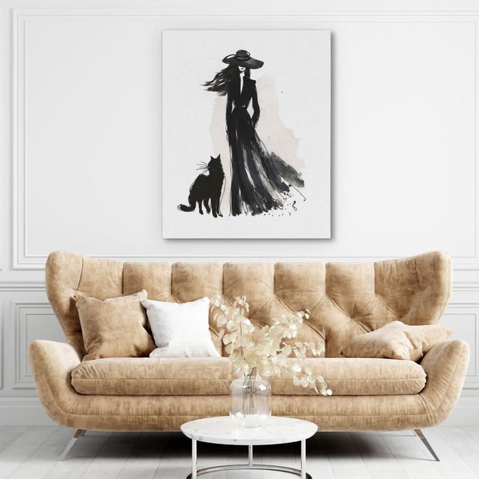 Woman with Cat - Black and White Art