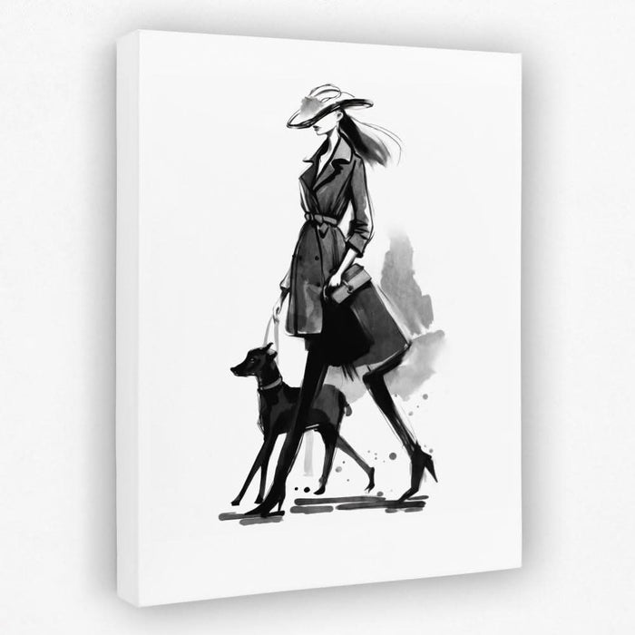 Woman with Dog - Black and White Canvas Wall Art