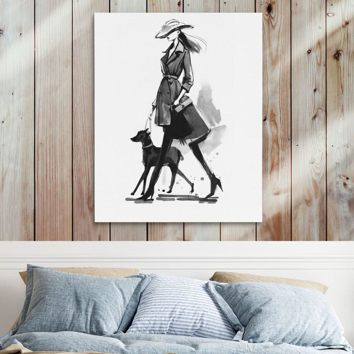 Woman with Dog - Minimalist Wall Art in Black Frame