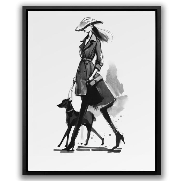 Woman with Dog - Black and White Art