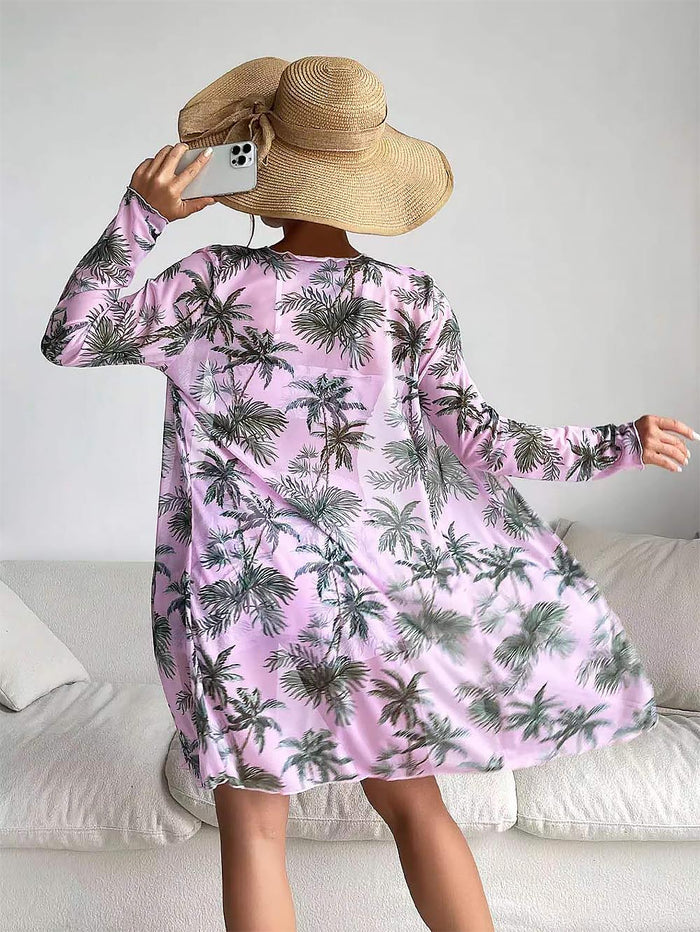Women's Coconut Tree Print Three-Piece Set Swimsuit with Long-Sleeve Ins Hoodie | ZAKAPOP