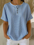 Women's Cotton Linen Striped T-Shirt – V-Neck, Button Detail, Loose Fit