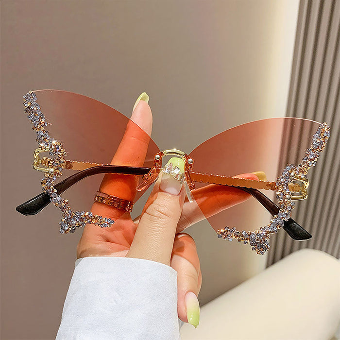 Women's Fashionable Butterfly Rhinestone Frameless Gradient Sunglasses | ZAKAPOP
