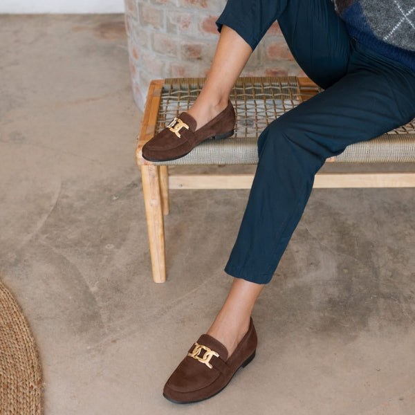 Froggie Shoes Women’s Loafer- Chain Detail- Brown Suede -12998 - in the model feet