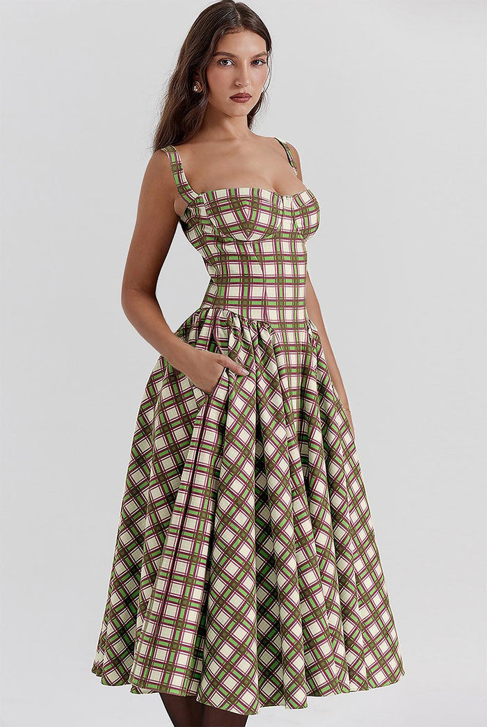 Women's Retro Pleated Check Midi Dress | ZAKAPOP