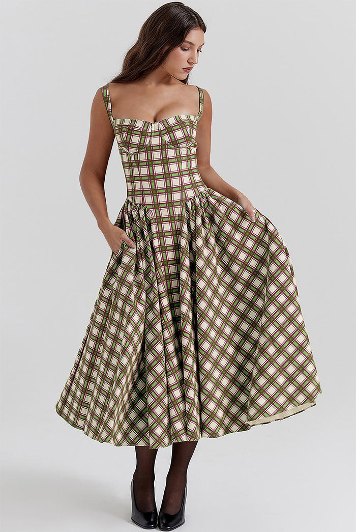 Women's Retro Pleated Check Midi Dress | ZAKAPOP
