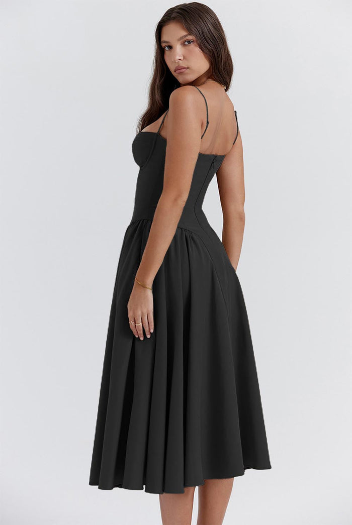 Women's Retro Pleated Solid Color Midi Dress | ZAKAPOP