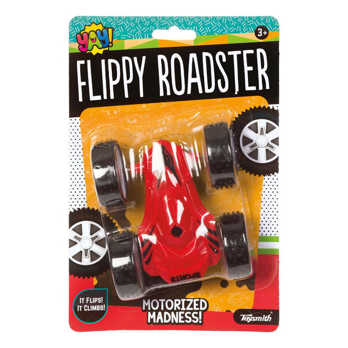 The YAY! Flippy Roadsters stunt car by YAY! comes in bold red and black packaging, is perfect for ages 3+, and features phrases like “It Flips! It Climbs! Motorized Madness!”—capturing all the excitement of this dynamic toy.