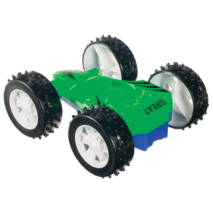 The YAY! Flippy Roadsters by YAY! is a dynamic green and blue stunt car featuring large, spiked black tires with white wheel hubs, designed for off-road fun.