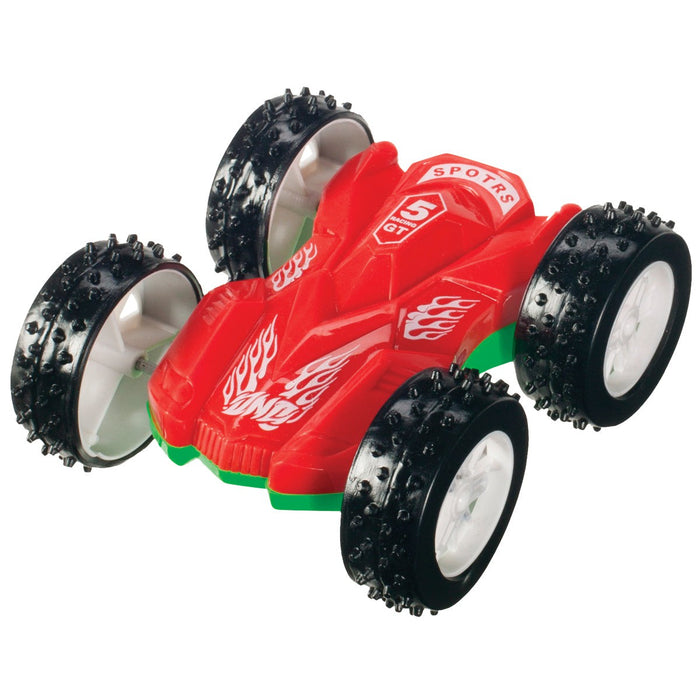 The YAY! Flippy Roadsters by YAY! are dynamic stunt cars featuring large black spiked wheels, white flame designs on the hood, and "SPORTS" printed on top—perfect for rough terrain, thrilling stunts, and adventurous play.