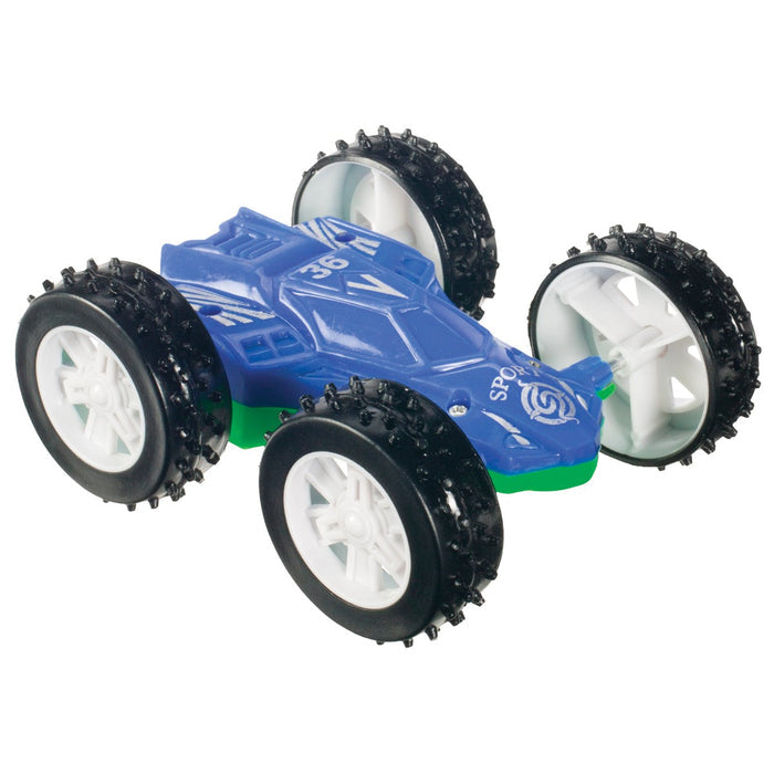 The YAY! Flippy Roadsters stunt car features a dynamic blue design, four large black spiked wheels, and a white undercarriage, shown at an angle on a white background.