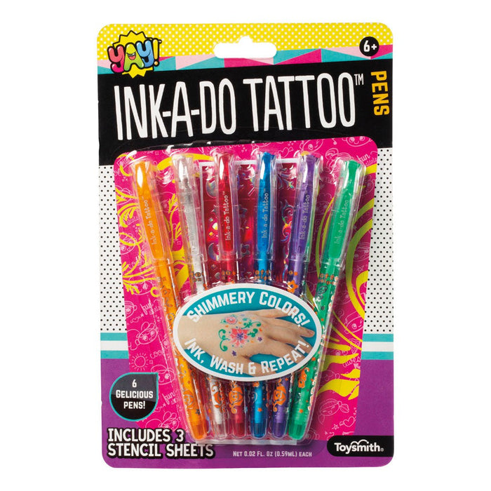 YAY! Ink-A-Do Tattoo Pens by YAY! includes six colorful shimmery pens and three stencil sheets for fun temporary body art. The bright packaging shows the pens clearly. Ideal for kids ages 6 and up.