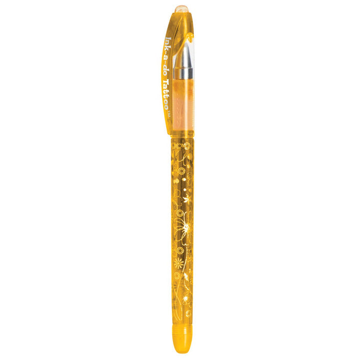 The YAY! Ink-A-Do Tattoo Pen by YAY! is a yellow gel pen for kids, with fun white patterns on the barrel and a matching yellow cap—ideal for temporary body art or as a tattoo pen. Displayed upright on a white background.