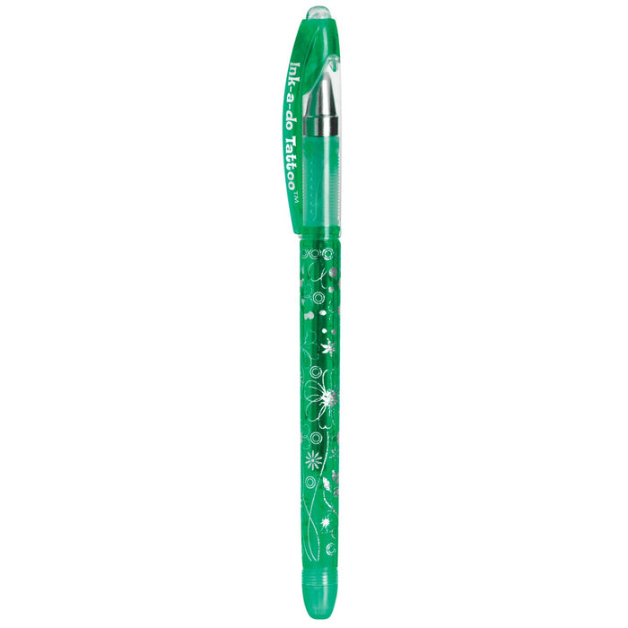 The YAY! Ink-A-Do Tattoo Pen by YAY! is a green gel pen with a decorated barrel of white floral and swirl patterns. Its matching green cap features "Ink-A-Do Tattoo," making it ideal for kids to draw fun, temporary body art.