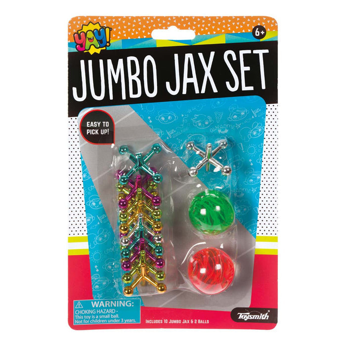 The YAY! Jumbo Jax Set by YAY! includes 10 colorful metallic jacks and 2 rubber balls, ideal for playground fun and improving hand-eye coordination; suitable for ages 6+, with a choking hazard warning.