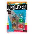 The YAY! Jumbo Jax Set by YAY! includes 10 colorful metallic jacks and 2 rubber balls, ideal for playground fun and improving hand-eye coordination; suitable for ages 6+, with a choking hazard warning.