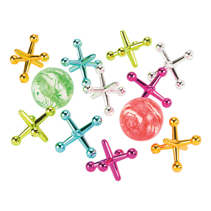 The YAY! Jumbo Jax Set by YAY! features colorful metal jacks and two marbled rubber balls in green and red, making it perfect for playground fun and enhancing eye-hand coordination.