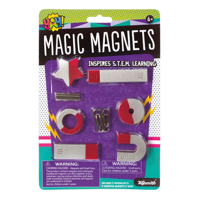 YAY! Magic Magnets, by YAY!, encourages kids to explore STEM learning with star, horseshoe, bar magnets, and rings. The bright purple box with bold yellow and white text makes hands-on play fun and engaging.