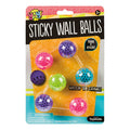 A package labeled YAY! Sticky Wall Balls by YAY! holds six colorful, soft balls that stick to walls for repeated play. The bright, playful packaging features a small parts warning.